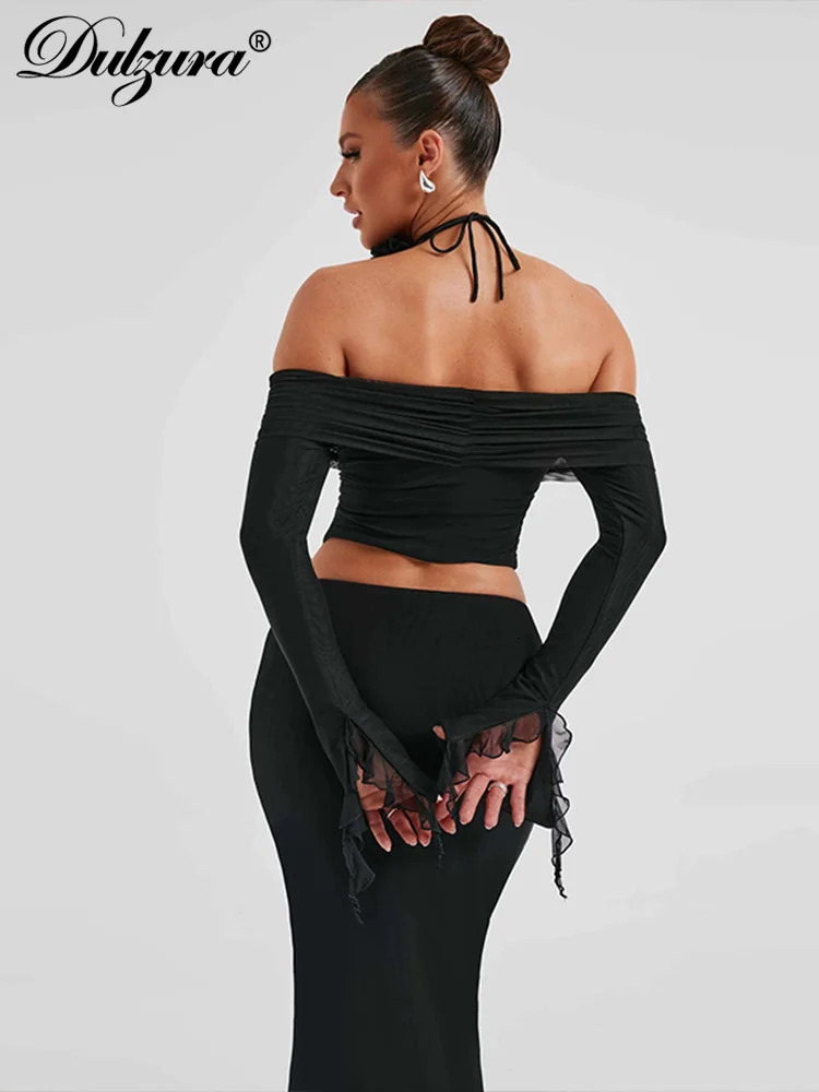 Dulzura Matching Suit Neck Accessories 3D Flower Off Shoulder Long Trumpet Sleeves Crop Top Tassel Maxi Skirt Autumn Women 260208