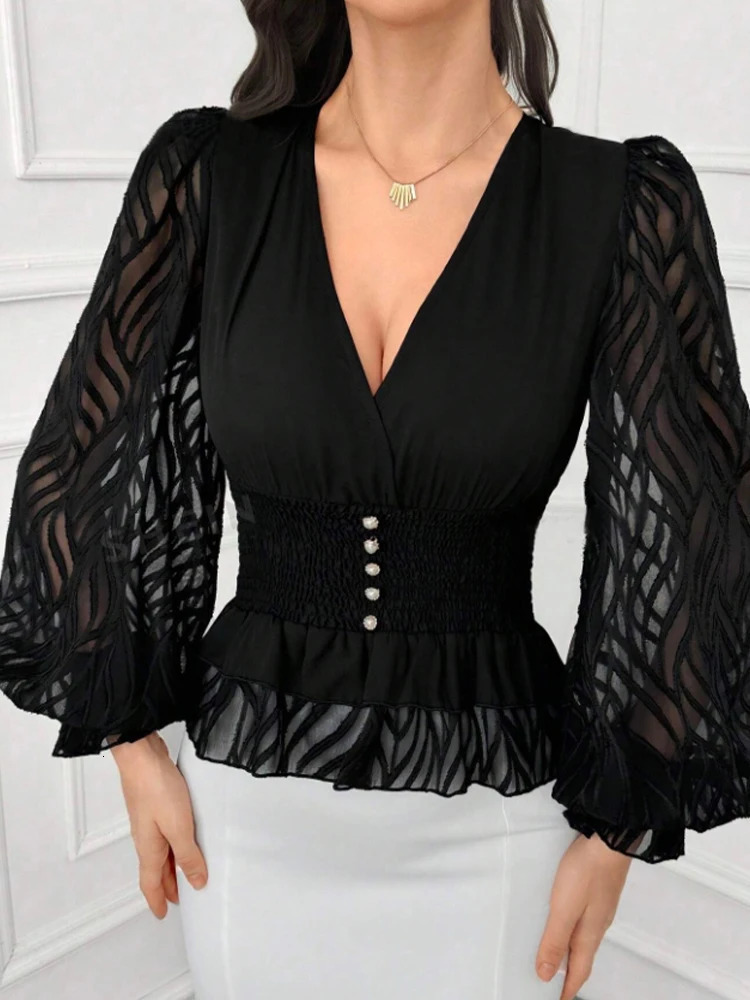 Womens Elegant and Fashionable V Neck Lantern Sleeve Waist Shirt 250203