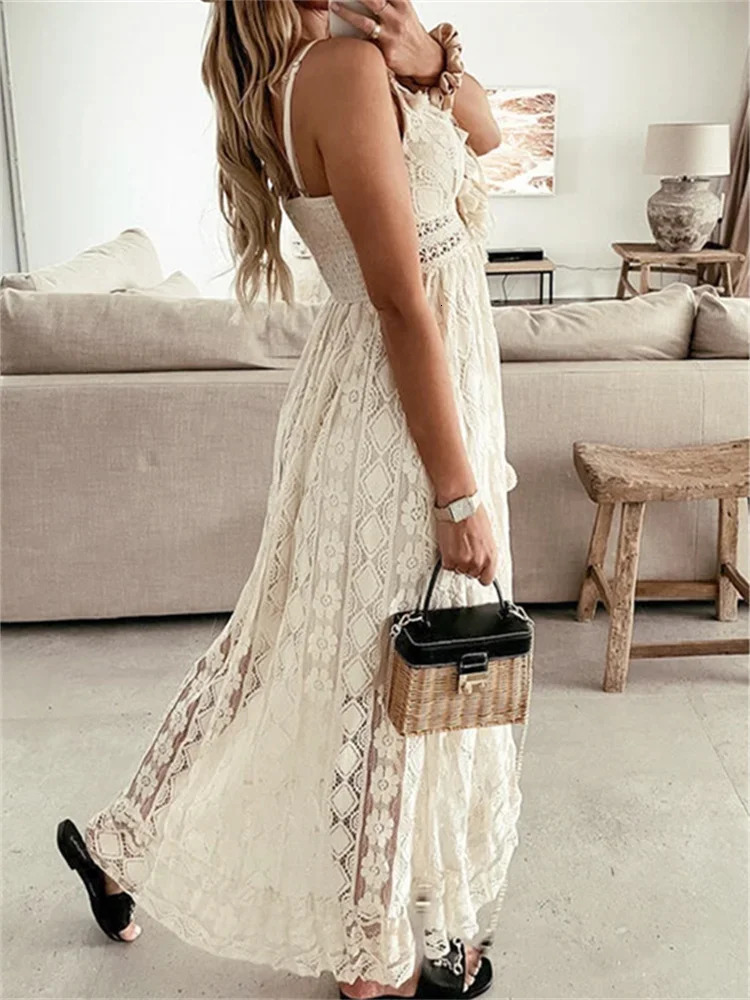 Women Lace White Long Dress Sleeveless V Neck Flowy Ruffle Dress Summer Bohemian Retro Sexy Beach Holiday Dresses 260118