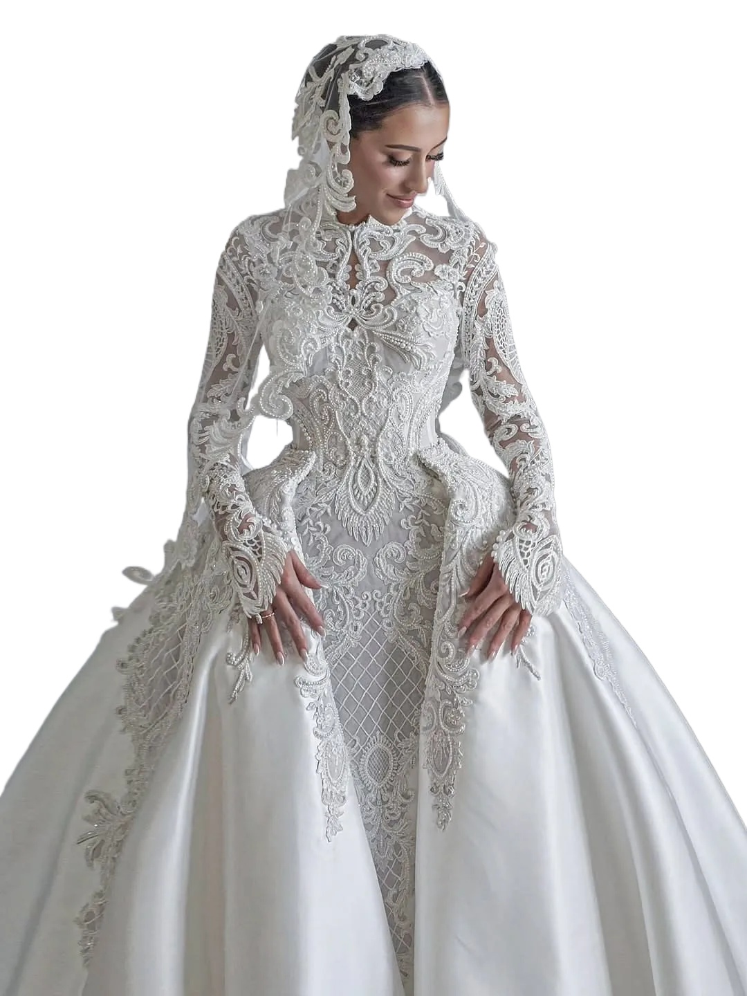 Muslim Bespoke Wedding Dresses High Collar Long Sleeves Appliques Lace Detachable Train Bridal Gowns Vestido De Noiva Customized Plus Size 0209