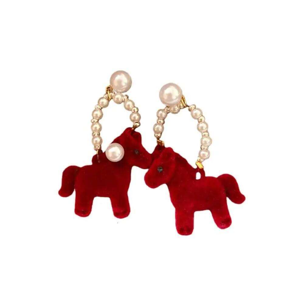 Earrings Cartoon Chinese New Year Style Flocked Horse Mascot with Red Pony and Pearl Drop for Festival Party Jewellery Gift High Quality Texture