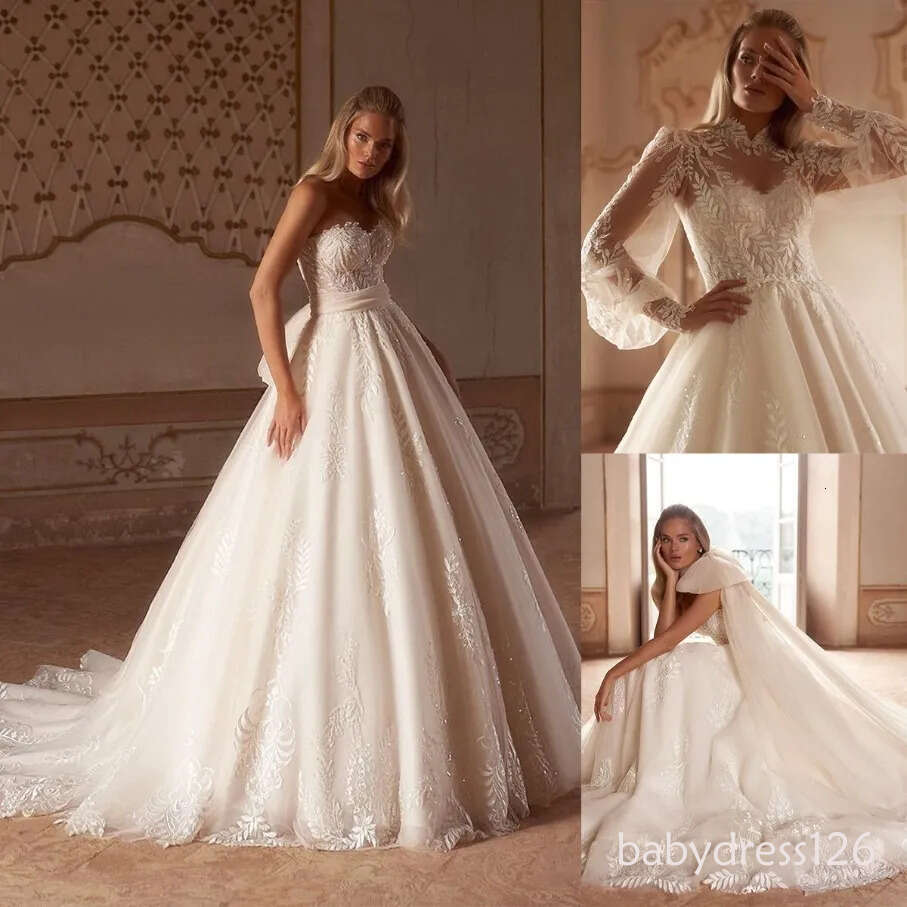 Elegant 2 In 1 Lace Wedding A Line Sweetheart Appliqued Bridal Gowns With Detachable Jacket Sweep Train Custom Made Garden Castle Dresses D27