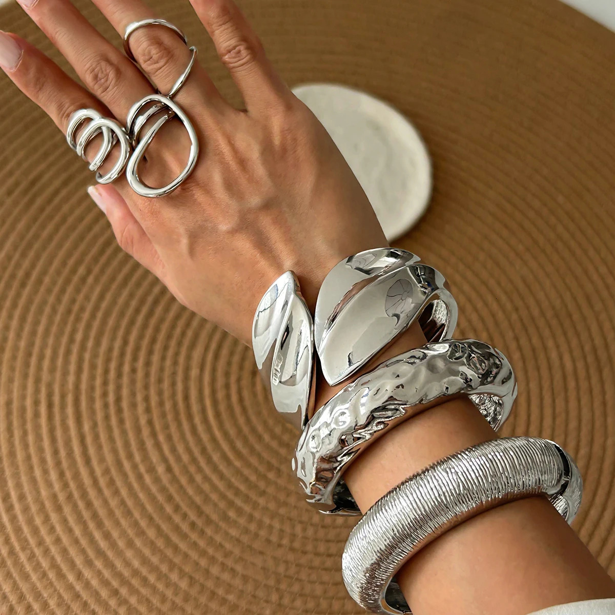 PuRui Exaggerated Heavy Metal Chunky Wide Cuff Bangles for Women Punk Geometric Spring Arm Bracelets Men Jewelry Steampunk 260128
