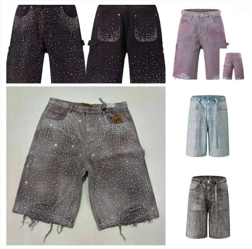 Free Shipping Blackicon Men's Denim Shorts Rhinestone Sequined Street wear Cowboy Hip Hop Casual Loose Sport Style
