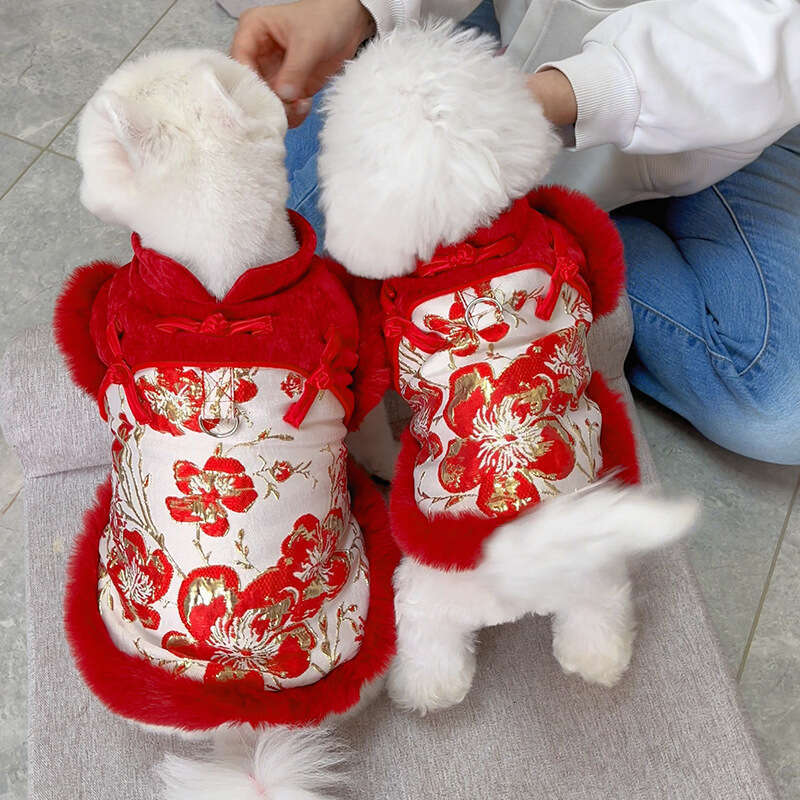 New Chinese Style Floral Prosperity Pet Fleece Dog Cat Autumn Winter Clothes Accessories Bichon Foreign Trade Wholesale