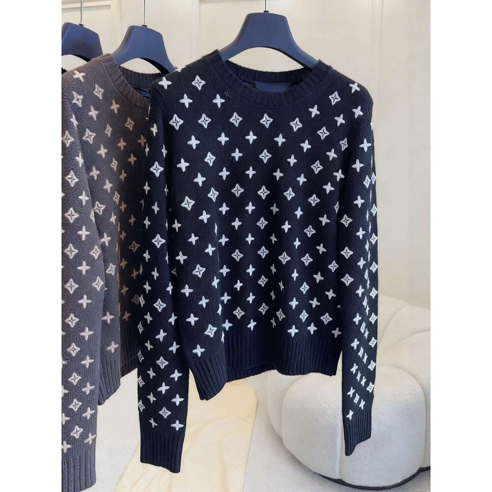 Women's Fashion White tops Jacquard Wool Sweater Letter combination pullover sweater, black knit sweater