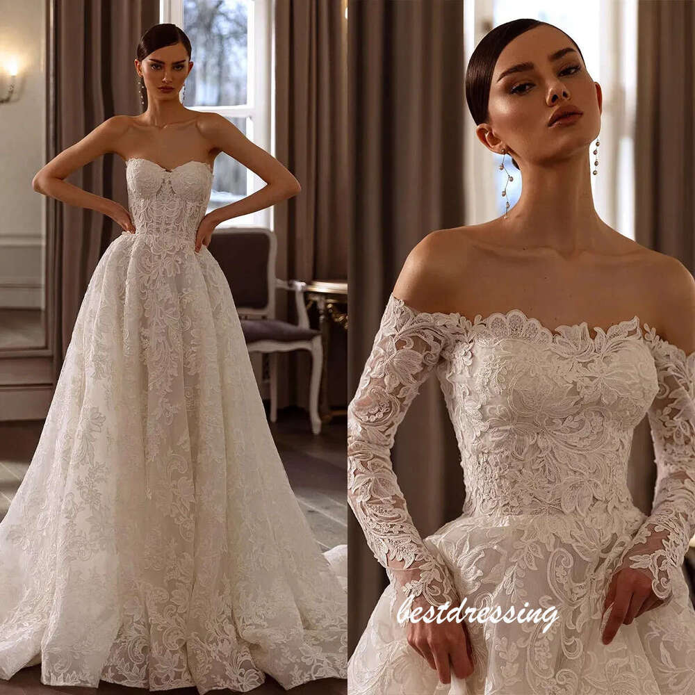 Classy Ivory Lace Wedding Dresses With Removable Sleeves Sexy Strapless Plus Size Boho Bridal Gowns Sweep Train A Line Modern Bride Reception Marriage