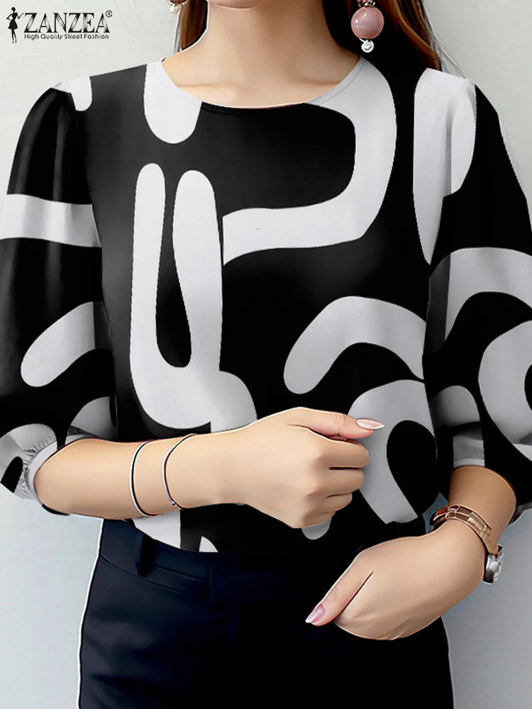 ZANZEA Elegant Office Work Blouses Summer Women Tops Stylish Spring O Neck 34 Sleeve Printed Shirt Autumn Retro Holiday Blusas 260207