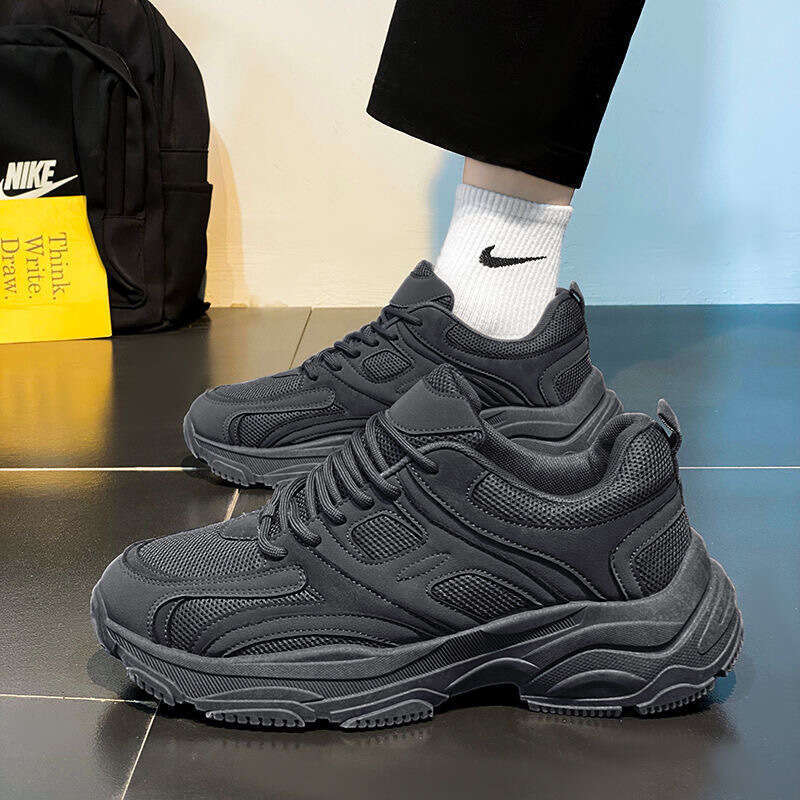 Pure Black Autumn 2025 New Work Safety Non-Slip Wear-Resistant Men's Running Sports Dad Shoes Thick Sole