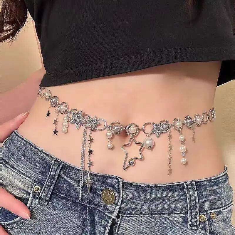 New Korean Shiny Rhinestone Star Pentagram Waist for Women Bling Crystal Pearl Chain Tassel Belt Body Chian Y2K Jewelry X260209