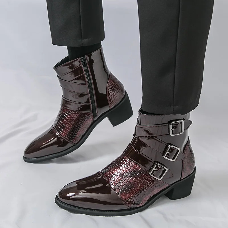 Mens Pointed Patchwork Patent Leather Casual Ankle Boot Male Winter High Tops Monk Strap Shoes Zapatos Hombre 260208