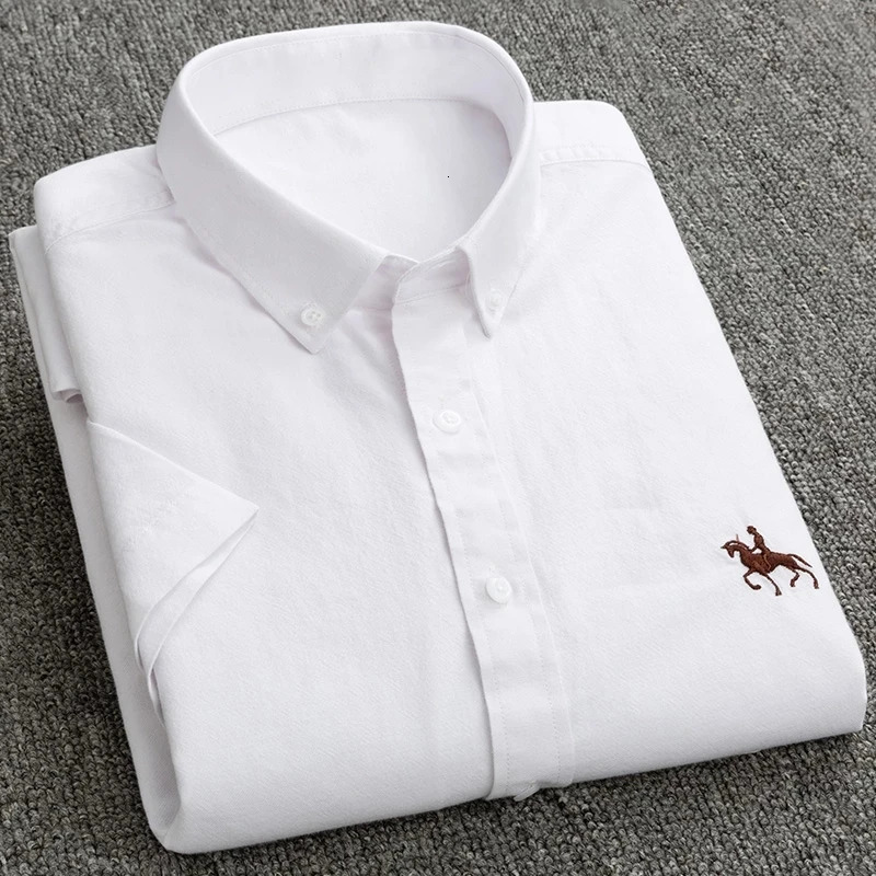 100 Pure Cotton Oxford Shirt For Mens Short Sleeve Solid Stripe Leisure Embroidered Horse Social Business Formal Dress Shirts 260208