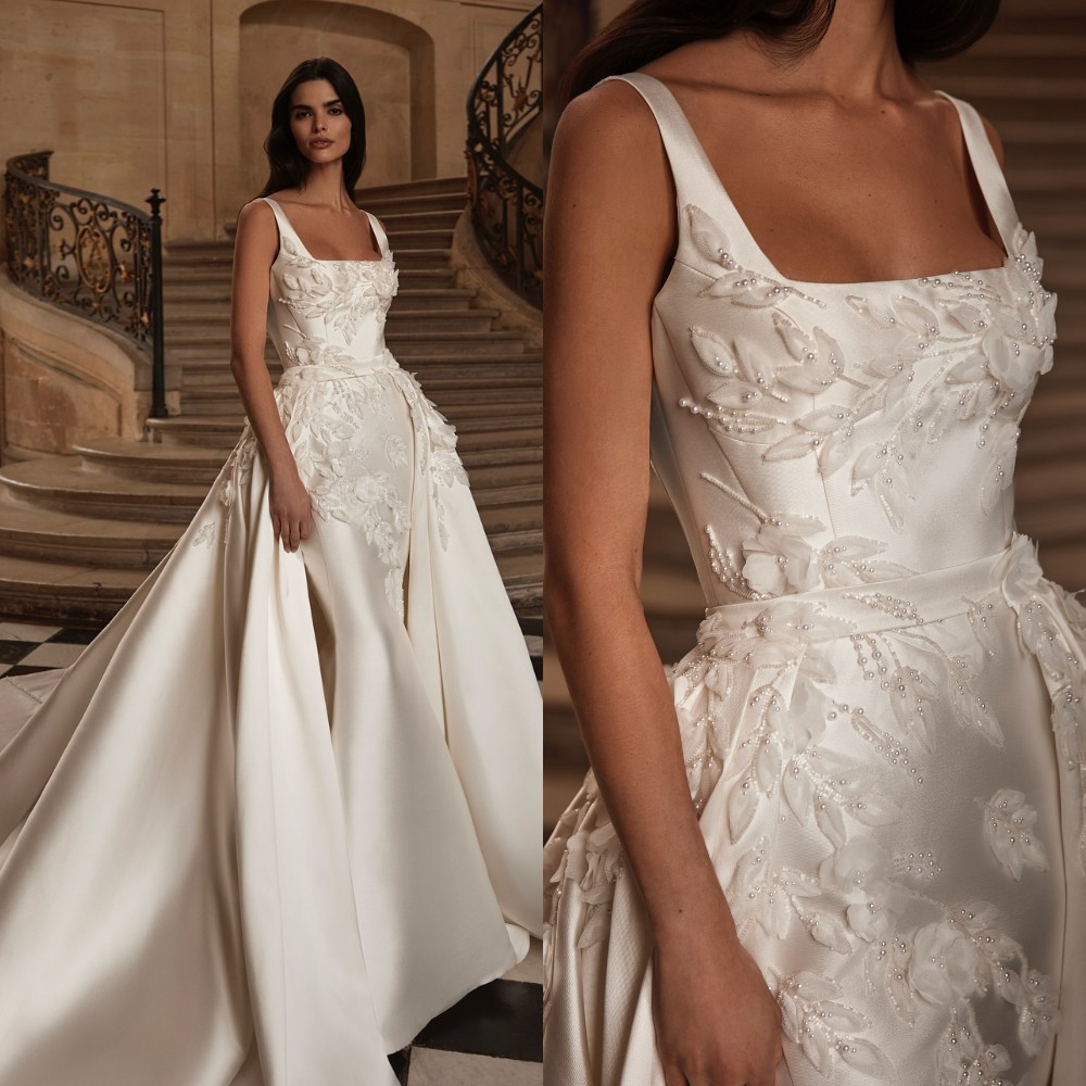 Elegant Mermaid Wedding Dresses For Women Square Neck Long Sleeveless Gown Appliques Pearls Detachable Train Customized Dress