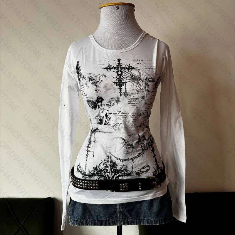 Y2k Style Aesthetic Sweet And Sexy Long Sleeved Top For Women's Casual Gothic Punk Printed T-Shirt Harajuku Grunge Clothes Emo