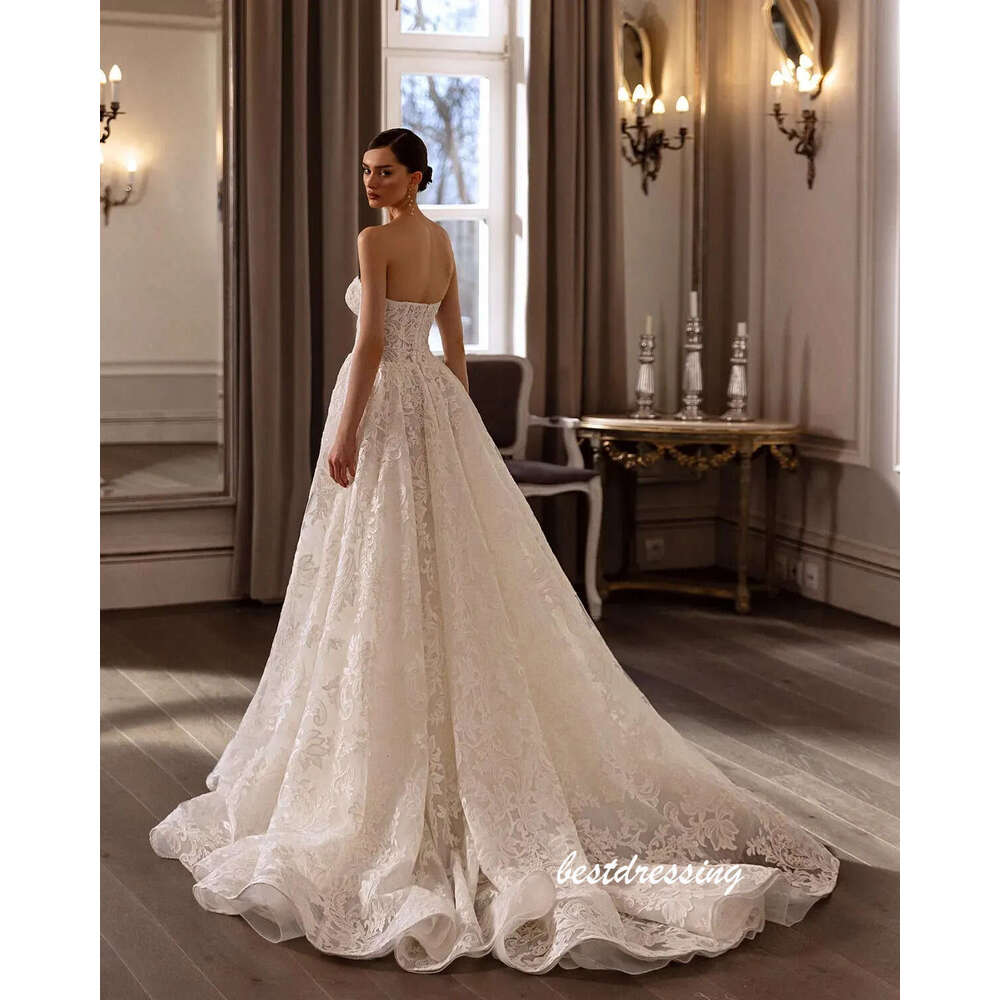 Classy Ivory Lace Wedding Dresses With Removable Sleeves Sexy Strapless Plus Size Boho Bridal Gowns Sweep Train A Line Modern Bride Reception Marriage
