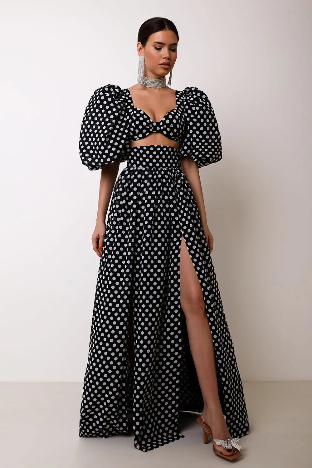 High Quatlity 2 Piece Women Dress Set Vneck Puff Sleeve Short Tops And Split Waist Long Skirt 250203