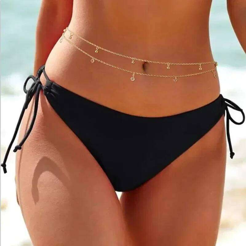 Fashionable and Versatile Item Summer Beach Sexy Bikini Rhinestone Waist Chain, Simple Metal Small Round Bead Tassel Body Chain X260209