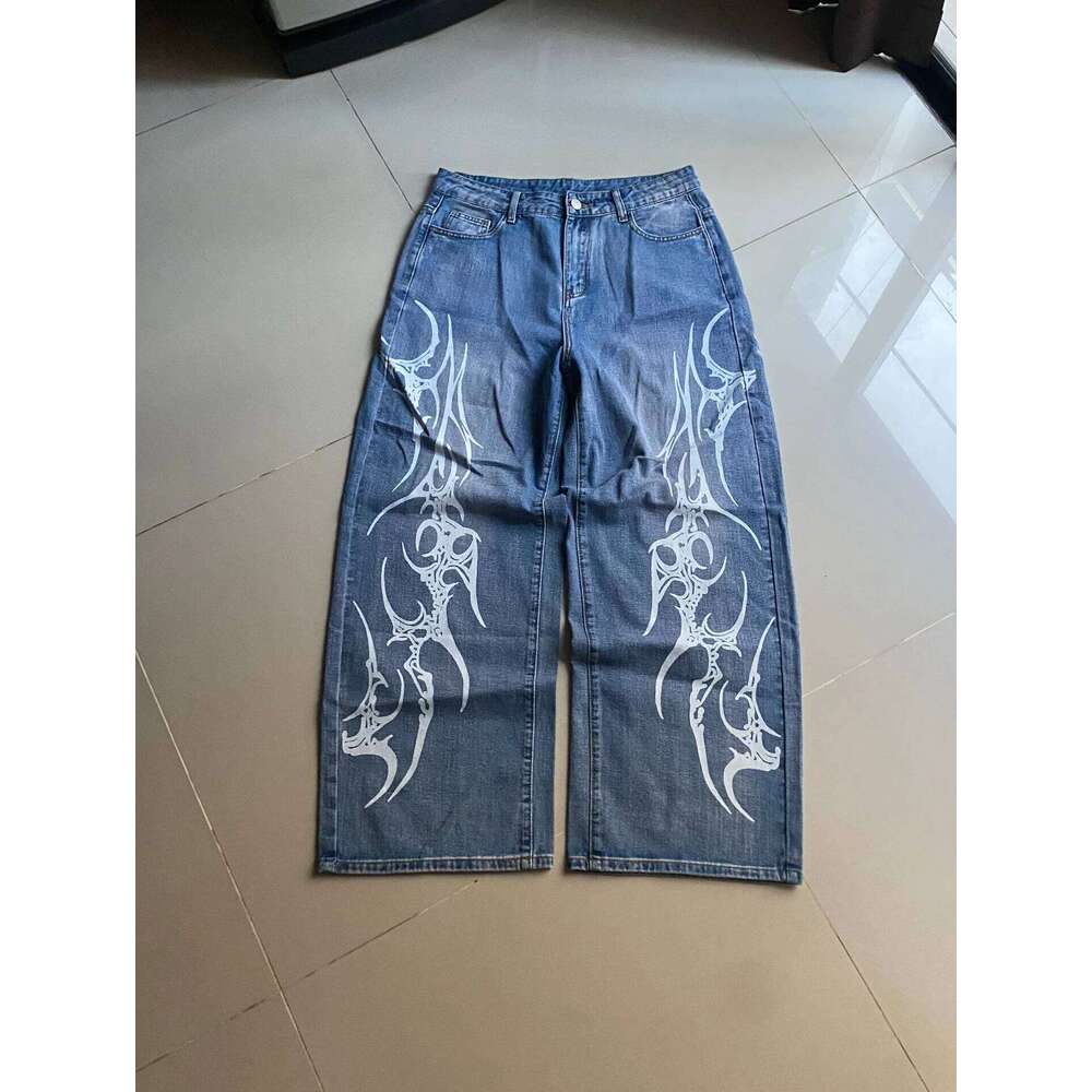 2025 retro blue printing baggy jeans y2K harajuku trend men women hip hop fashion casual Joker couple Wide-leg pants streetwear