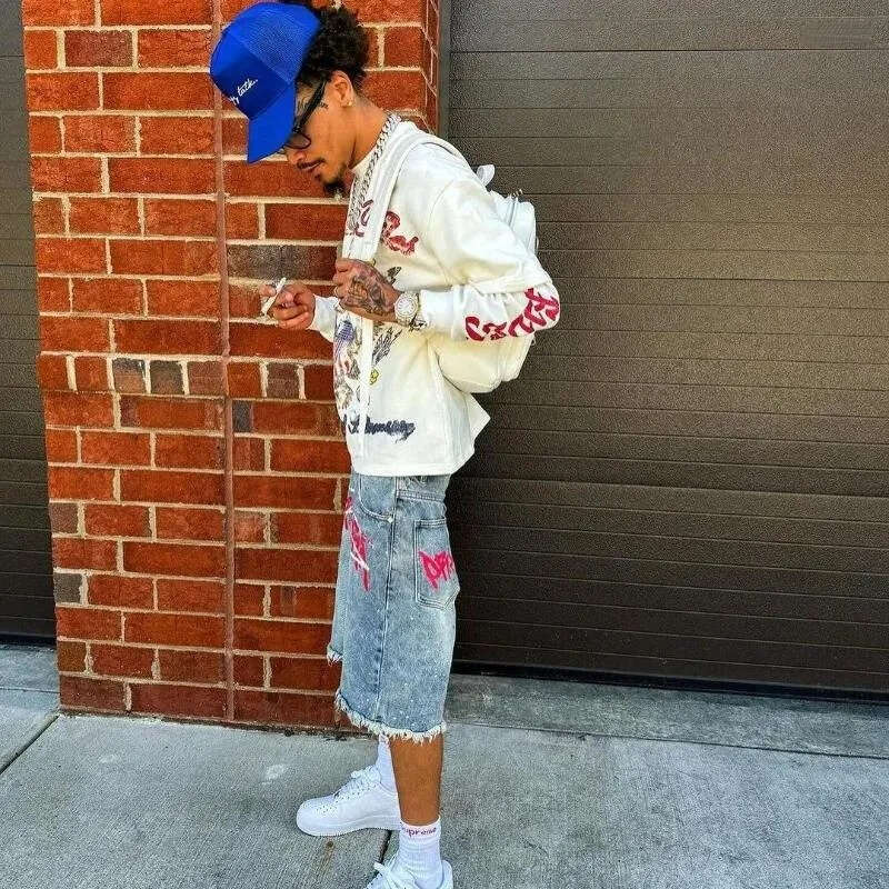 Free Shipping Men's Distressed Denim Short Rhinestone Graffiti Print Retro Hip Hop Street wear Baggy Short Pants Summer Jorts Daily Outfit