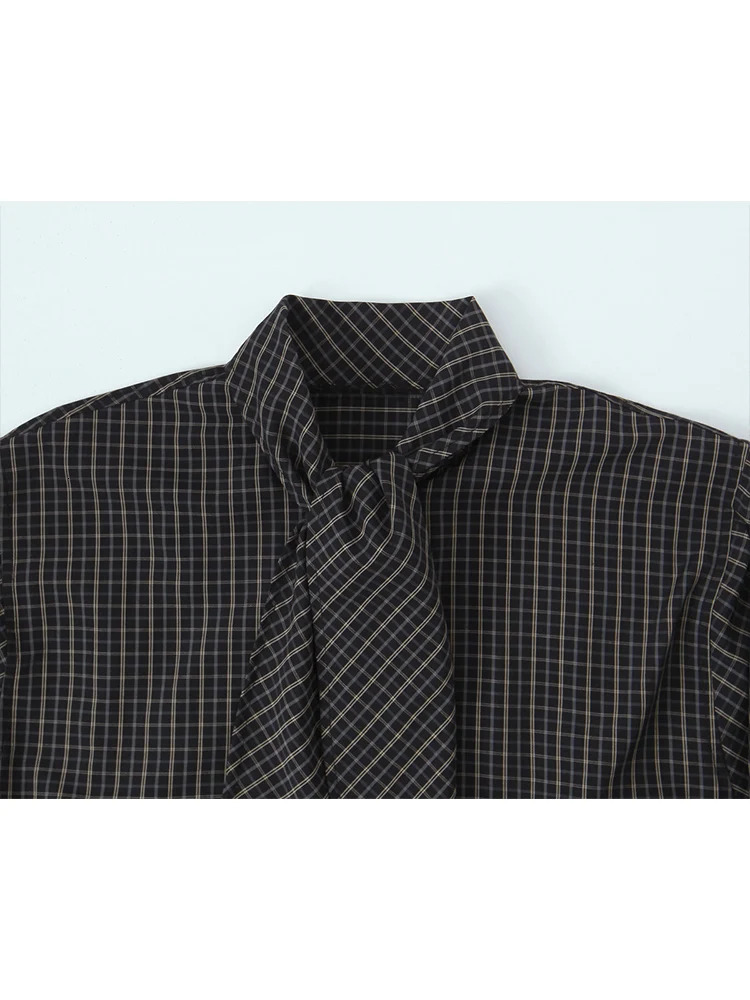 Women Vintage Oversized Shirt Long Sleeve Plaid Button Down Blouse 2026 Spring Autumn Scarf Collar Fashion Shirt Casual Style 260122