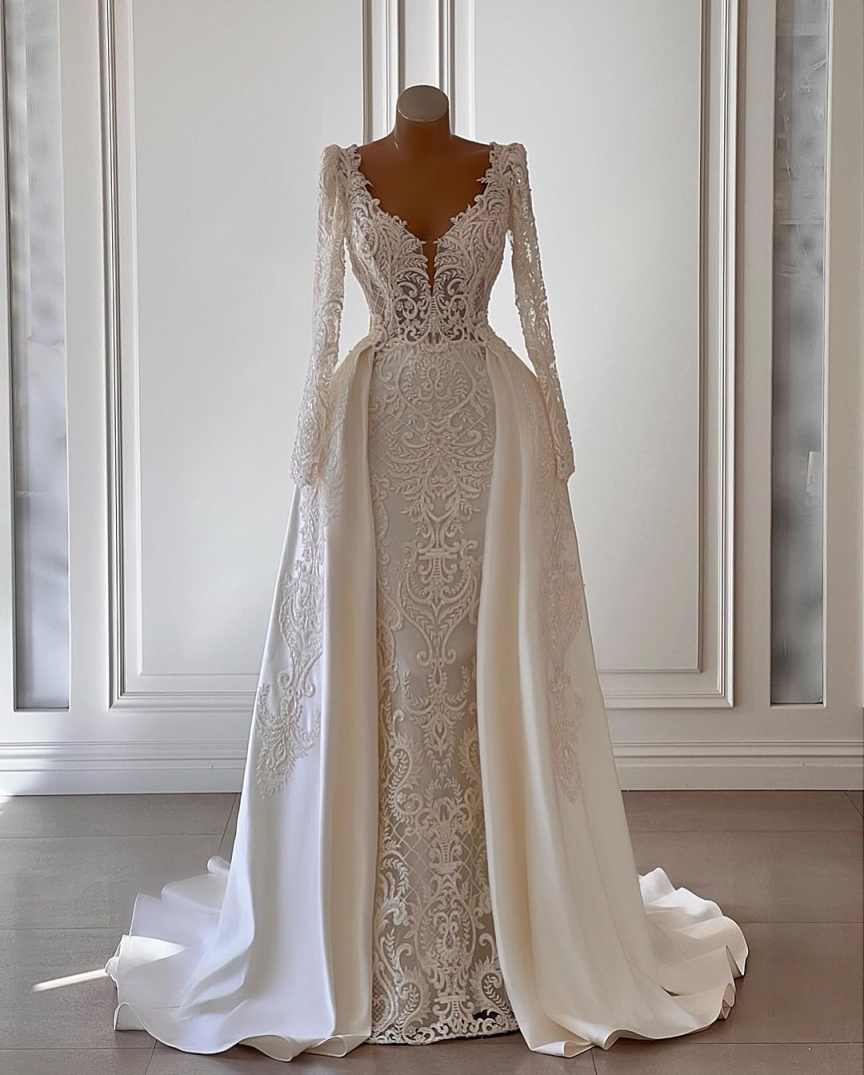 Luxury V Neck Mermaid Wedding Dress Elegant Lace Long Sleeve Bridal Gown Detachable Train Bride Dresses Customized