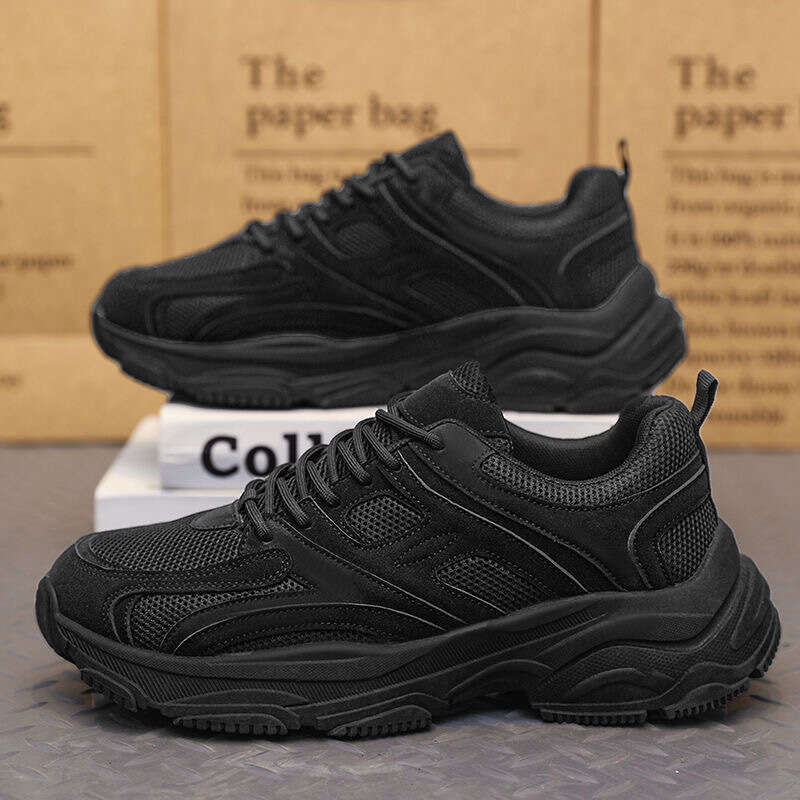 Pure Black Autumn 2025 New Work Safety Non-Slip Wear-Resistant Men's Running Sports Dad Shoes Thick Sole