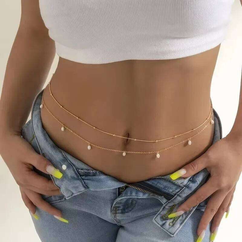 2024 New Trendy Sexy Double Layer Pearl Butterfly Chain for Women Charm Waist Bead Belt Summer Beach Body Jewelry Accessories X260209