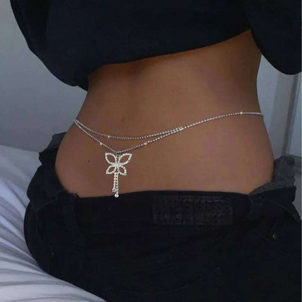 Stonefans Double Layer Rhinestone Butterfly Waist Chain Y2K Accessories Sexy Belly Bikini Body Chains Lingerie Jewelry for Women X260209