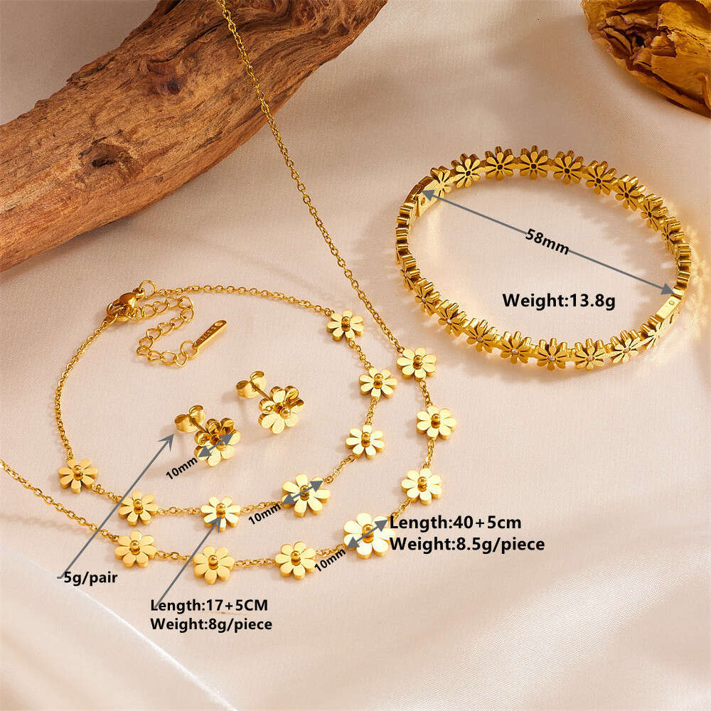 New Fashion Titanium Steel Color-Retaining Set Niche Light Luxury Simple Chrysanthemum Earrings Bracelet Necklace