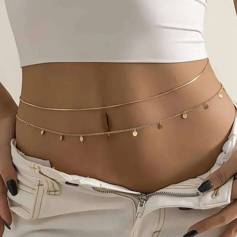 2pcs Round Coin Shape Tassel Pendant Thin Waist Simple Boho Double Layers Body Chain Summer Beach Jewelry Gifts 2024 New X260209