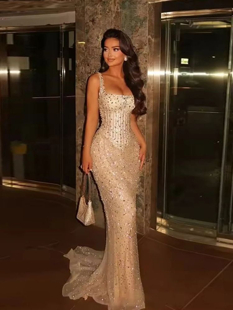 Sparkle Sequined Mermaid Prom With Spaghetti Straps Beads Women Formal Occasion Evening Gowns Red Carpet Dress vestidos de Noche BC21819F09