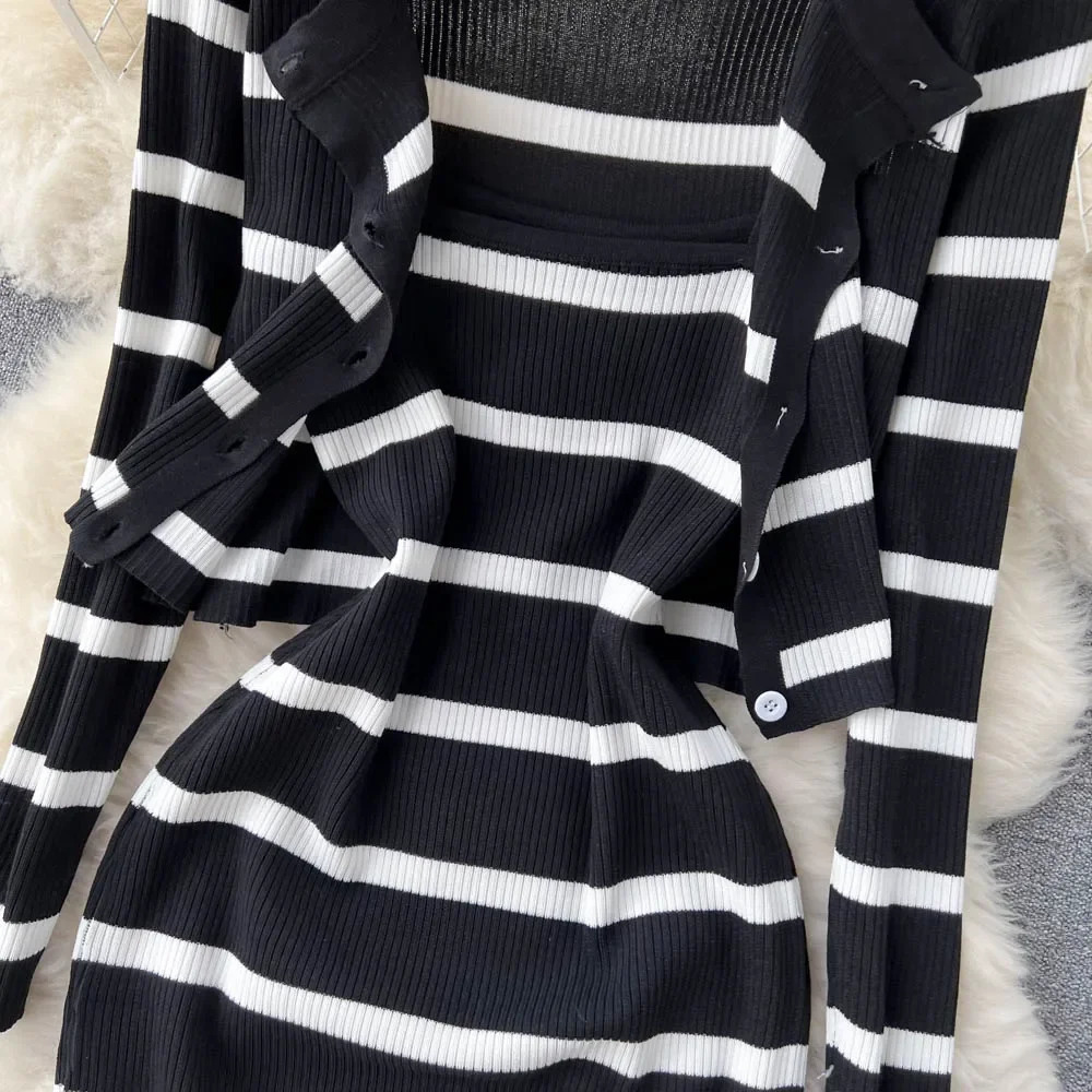 Korean Sweet Hit Color Patchwork Striped Spaghetti Strap Dress and V Neck Long Sleeve Cardigans 2 Pieces Sets 260208