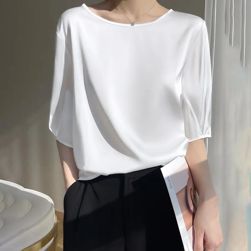 Summer Satin Simple Office Lady Blouse Female Shirt Solid Tops Short Sleeve Casual Korean OL Loose Blouses Women Blusas 260207