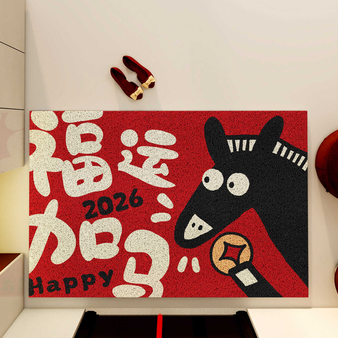 Entrance Door Mat New Year Horse Year Entrance Silk Loop Carpet Non-Slip Dust Removal Home Festive Decoration Red Foot Mat S260207