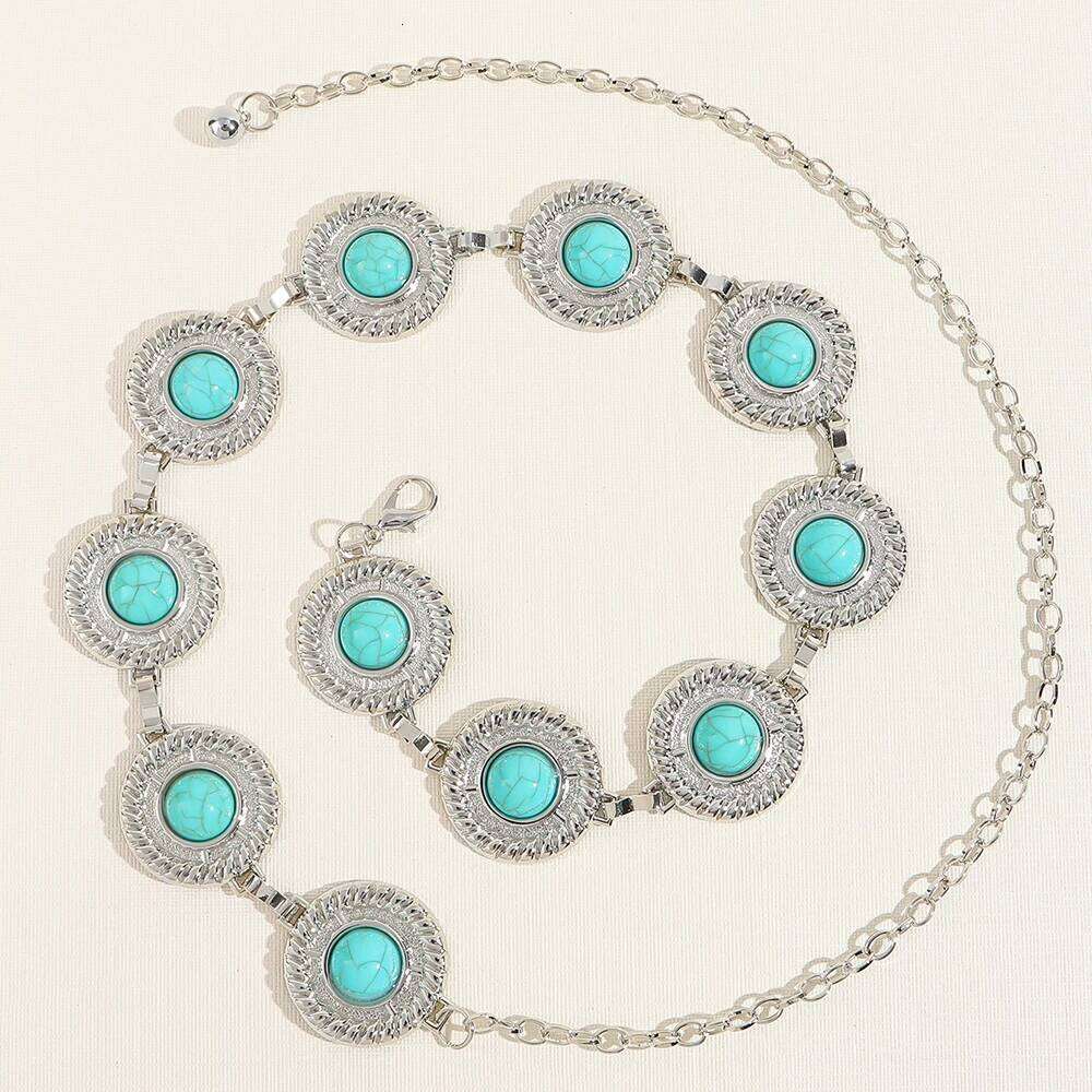 New women's retro Alloy oval turquoise accessory dress Women's thin waist chain one piece X260209