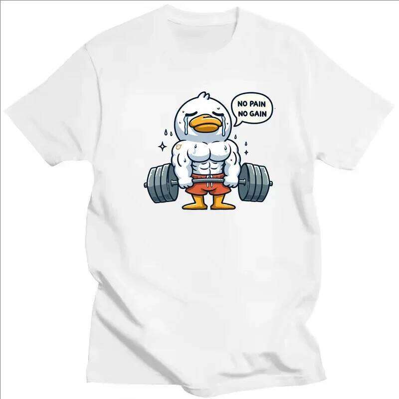 Cartoon Duck Weightlifting Pattern Printed Summer Men Casual Loose Neutral Fashion Y2k O-Neck Short Sleeve Top T Shirt X260209