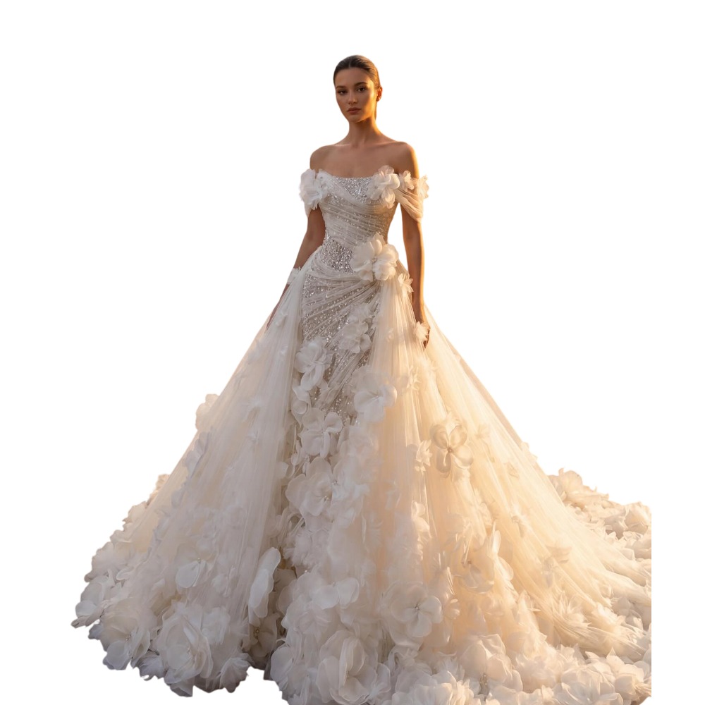 Romantic 3D Floral Wedding Dresses Crystal Mermaid Bridal Gowns with Overskirts Pearls Flowers Customized Vestidos De Novia Plus Size