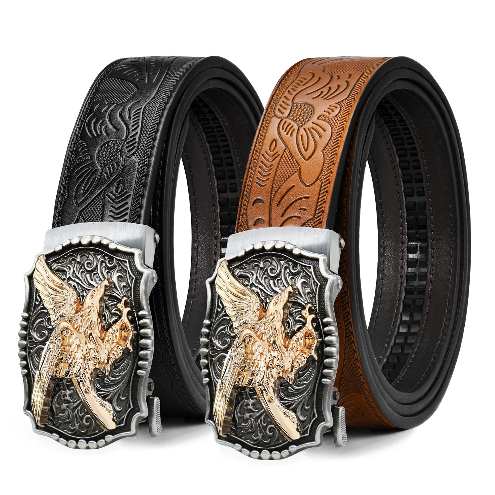 2 Pack Mens Western Ratchet Belt Faux Leather Slide Ratchet Belt for Men Mens Belt with Automatic Click Buckle for Jeans Fa 260124