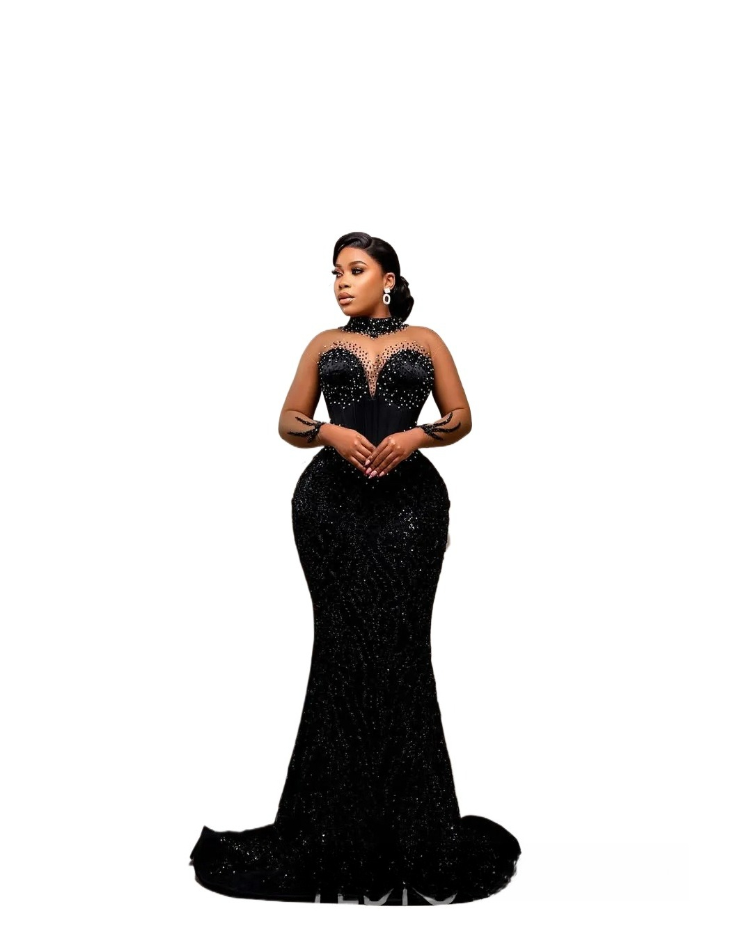2026 Sexy Plus Size Black Evening Dresses African Prom Formal Gowns Beaded Sequined Lace High Neck Illusion Crystals Long Sleeves robe de soiree marie