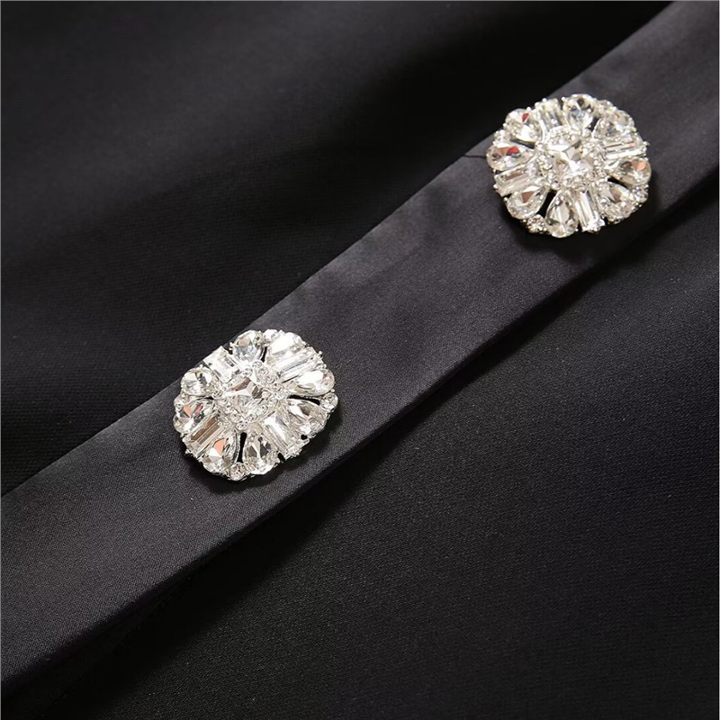 early spring new patchwork black trench coat with rhinestone buttons hidden buttons slim fit long style elegant womens top