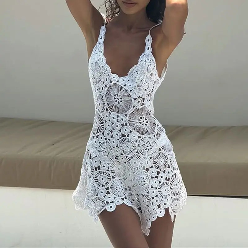 Combhasaki Women Summer Boho Knitted Crochet Halter Neck Swimsuit Coverups VNeck Hollow Out Irregular Hem Short Mini Beach Dress 260118
