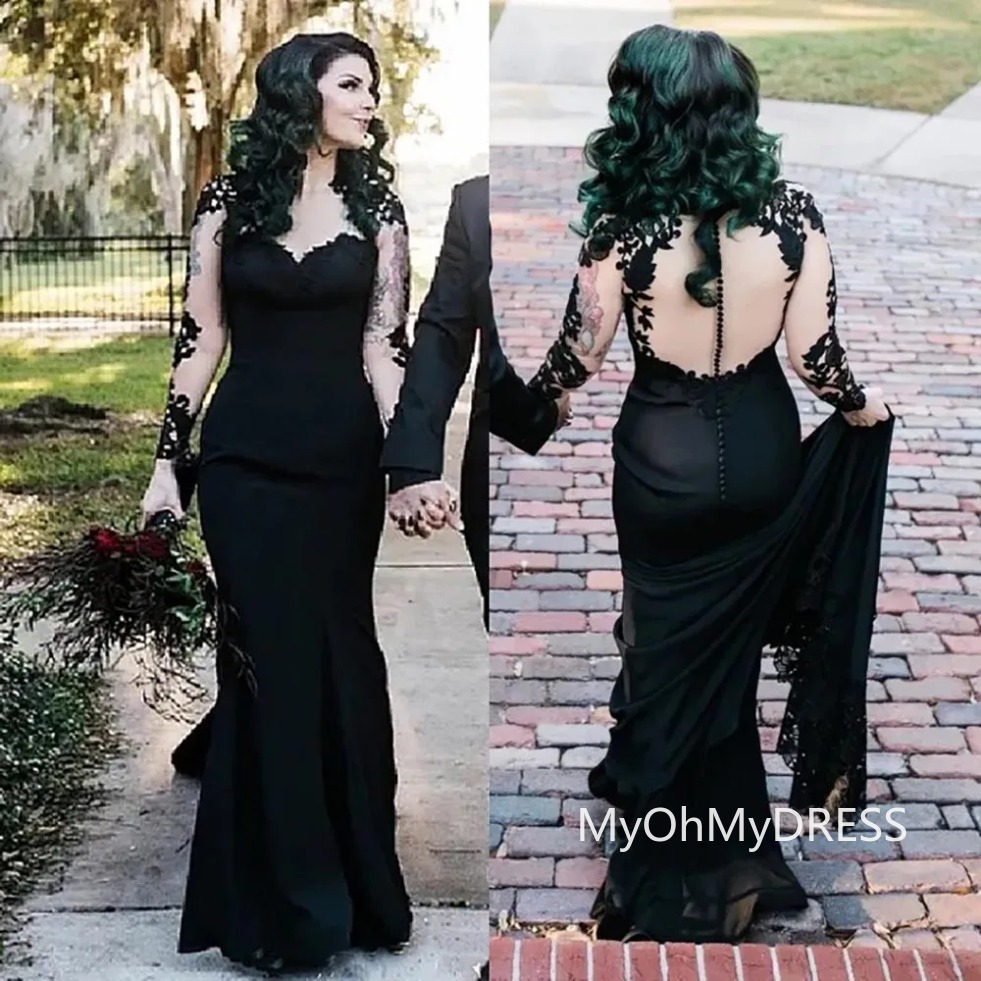 Bridal Gowns Black Wedding Dresses Formal Mermaid Trumpet Sweetheart Long Sleeve Satin Applique Beaded Illusion Plus Size New Custom Button 0209
