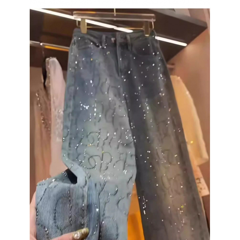 Top Rhine Stone Jeans 2026 Spring New Designer Trendy Style Shiny Loose Straight Leg Pants Women's Jeans American Y2K Style Luxury Jeans