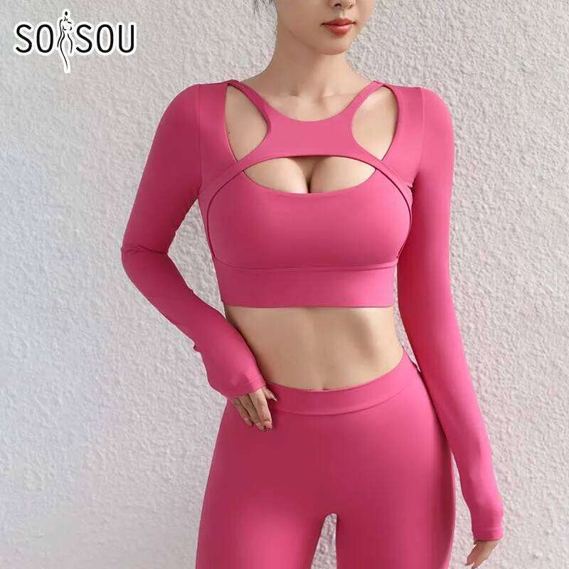 SOISOU Hollow Slim Fit Yoga Crop Top Women's Pilates Pullover Shockproof Sports Long Sleeve High Elastic Fitness T Shirt 26Y0209