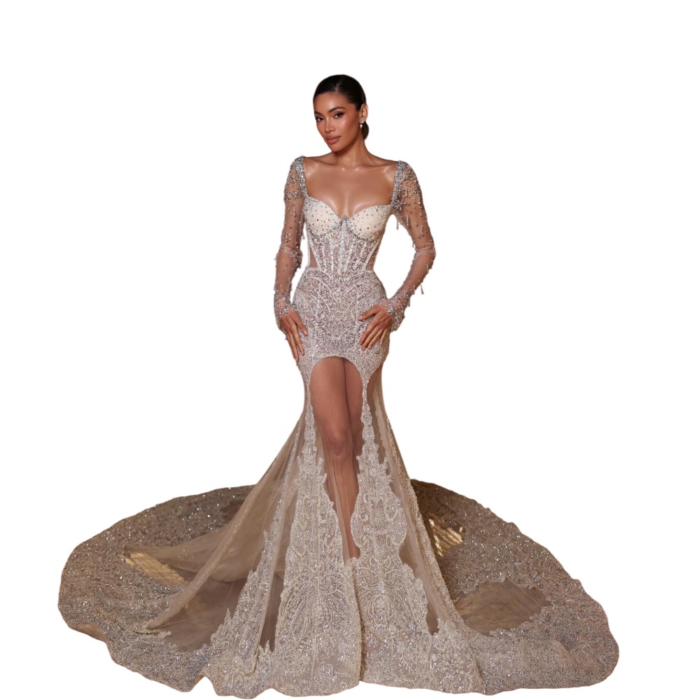 Exquisite Wedding Dresses Sequins Rhinestone Mermaid Bridal Gowns Beading Illusion Long Sleeves Customized Vestidos De Novia Plus Size
