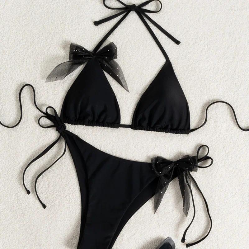 Women's Swimwear Solid Color Strap Ribbon Backless Sexy Bikini Two-Piece Swimsuit For Womenbikini