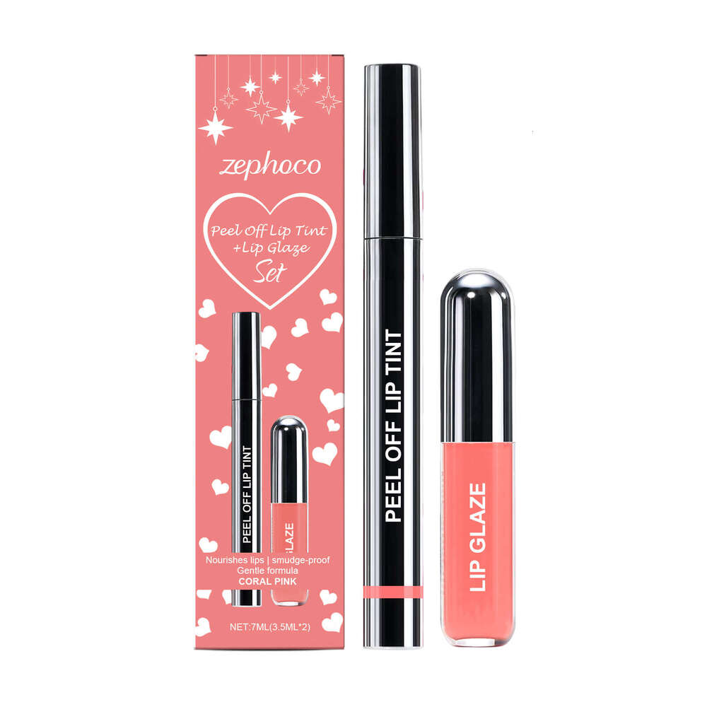 zephoco Coral Pink Peel-Off Liner and Glaze Set Daily Application Natural Color Convenient Lip Makeup