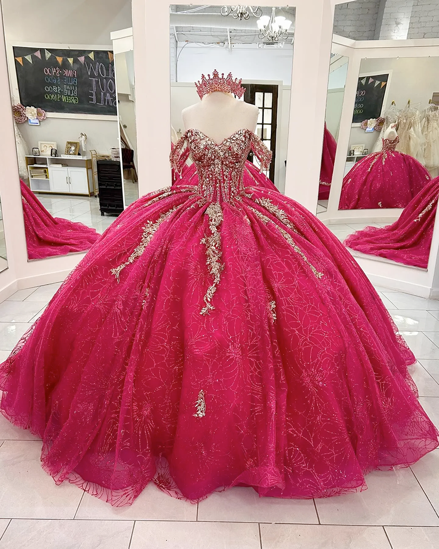 Stunning Crystals Ball Gown Quinceanera Dresses Sequined Prom Gowns Appliqued Off The Shoulder Necke Tulle Sixteen Sweet 15 Masquerade Dress N6101