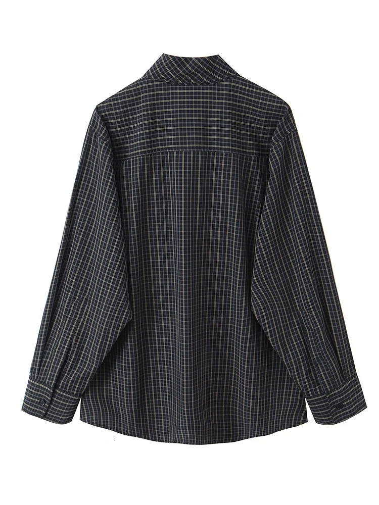 Women Vintage Oversized Shirt Long Sleeve Plaid Button Down Blouse 2026 Spring Autumn Scarf Collar Fashion Shirt Casual Style 260122