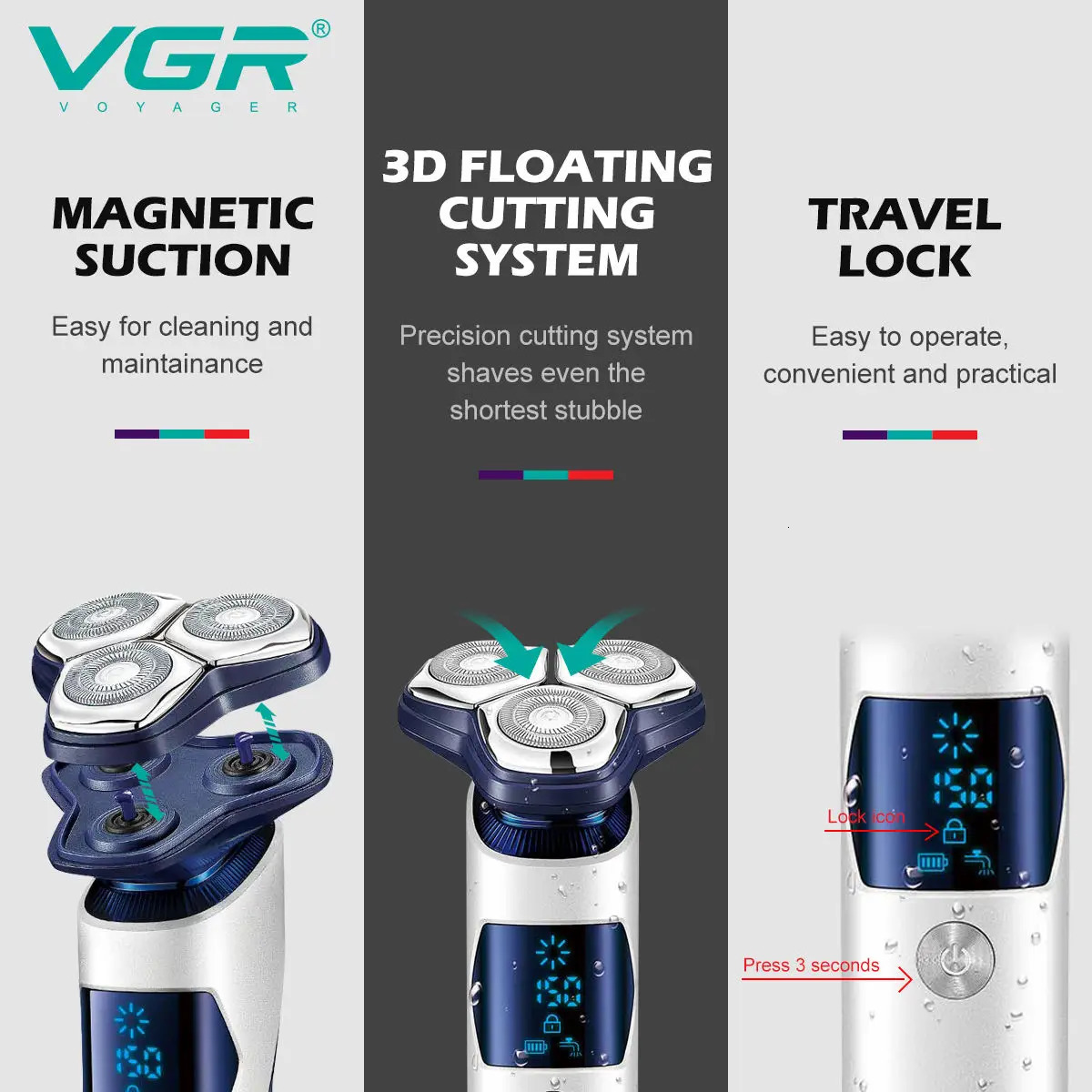 VGR 328 Mens Professional Shaver Metal Floating Three Blade Household Shaver LED Intelligent Digital Hair Trimming Machine 260126